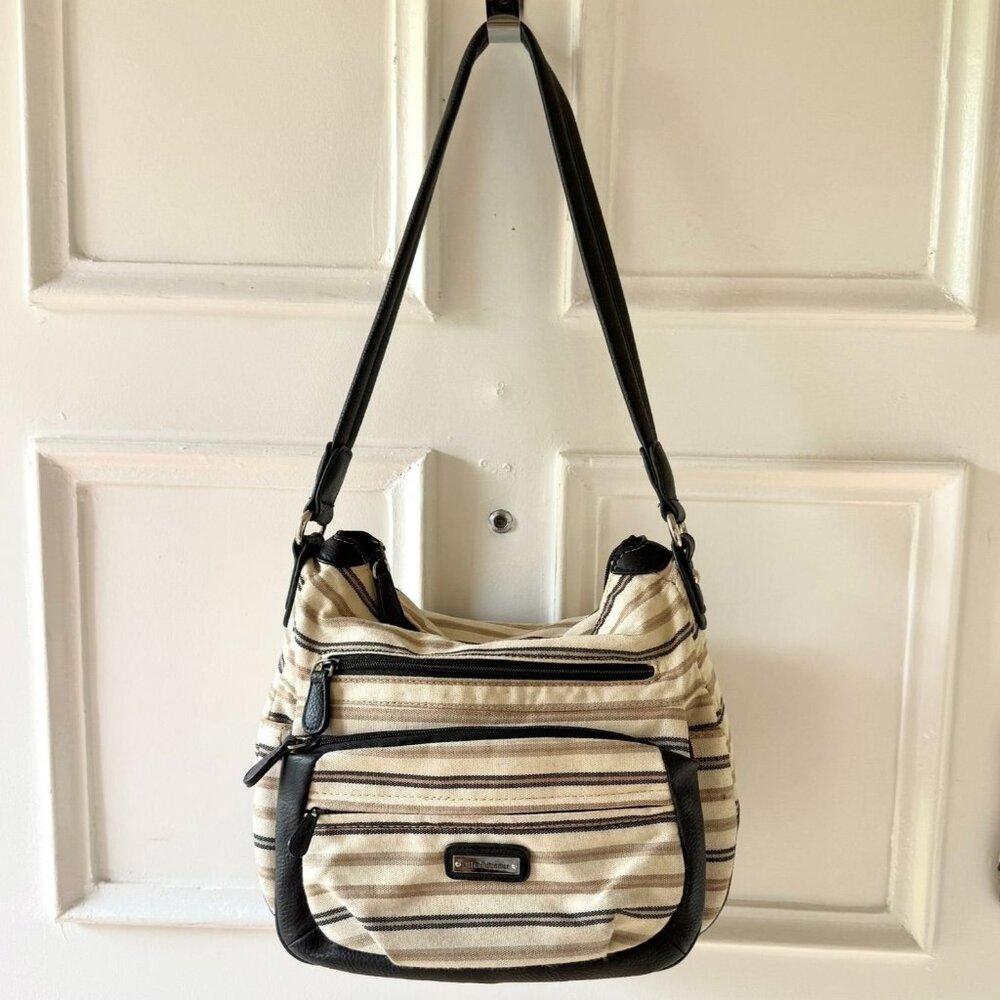 Alfred Dunner Shoulder Bag Beige Brown Striped Organizer Style Purse Pockets